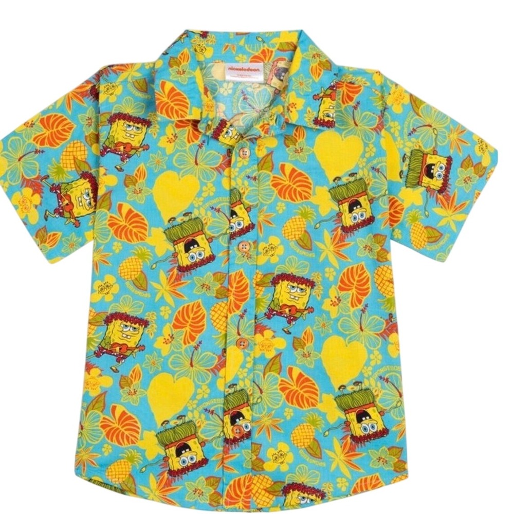 Nickelodeon SpongeBob SquarePants Hawaiian Shirt Mens XL Blue Excellent Tropical